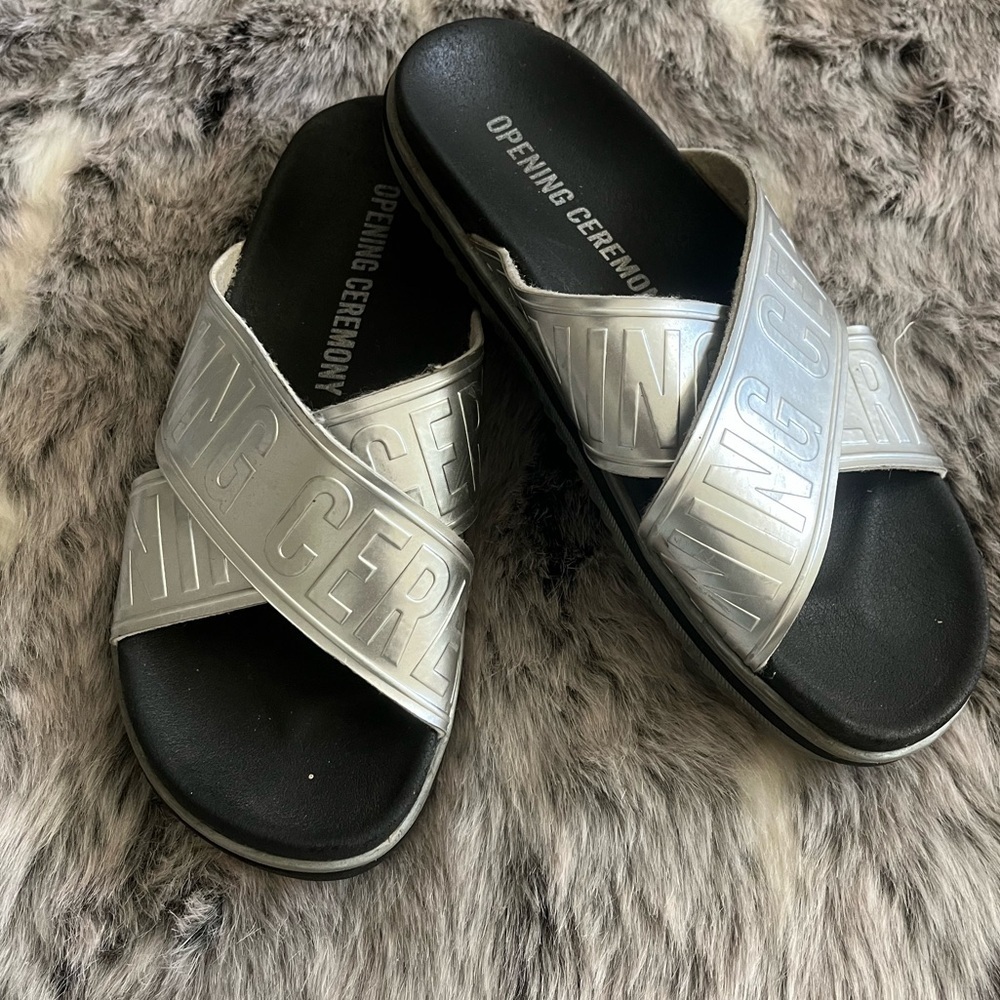Opening ceremony silver metallic & black  slides sz 38